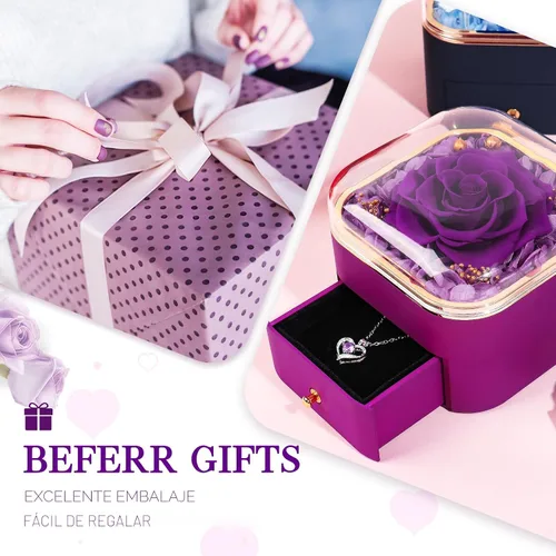 Vista 4 de Beferr Regalos de cumpleaños para mujeres, rosa real preservada con collar, rosas moradas eternas, flores para la entrega, aniversario, día de la A
