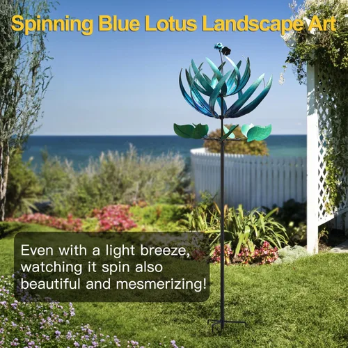 Vista 6 de LimeHill Molinillo de viento para patio y jardín, molinillos de viento de metal grandes para decoraciones al aire libre (loto azul (24 x 84 pulgadas)