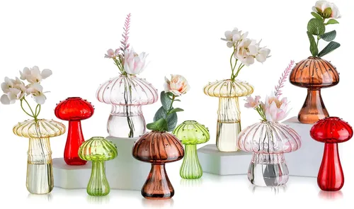 Vista 9 de Glasseam Jarrón de Seta de Cristal Ámbar: Lindo Juego de Jarrones Pequeños para Flores de 5 Jarrones Únicos Mini para Capullos para Centros de Mesa