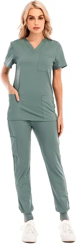 Vista 2 de Conjunto de uniformes médicos para mujer, conjunto de uniforme de enfermera, conjunto de trabajo al aire libre, conjunto de ropa quirúrgica elástica