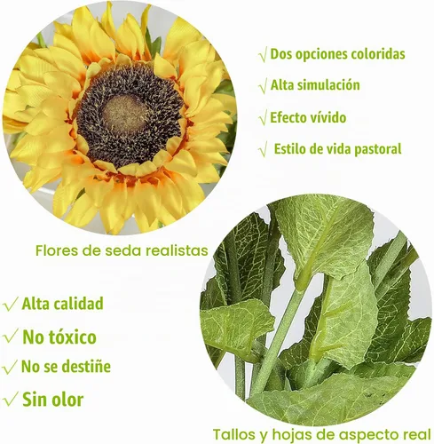 Vista 3 de Girasoles artificiales, 6 ramas de tallo de 29 pulgadas de largo con 3 flores artificiales para boda, ramo de novia, decoración del hogar, centros