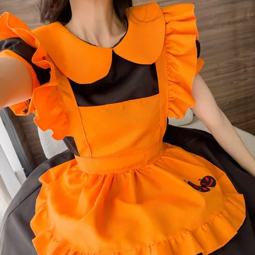 Vista 6 de STIOEDYUAN Disfraz de sirvienta de calabaza para mujer, vestido de lolita, vestido de restaurante, murciélago, vampiro, sirvienta, bruja mágica