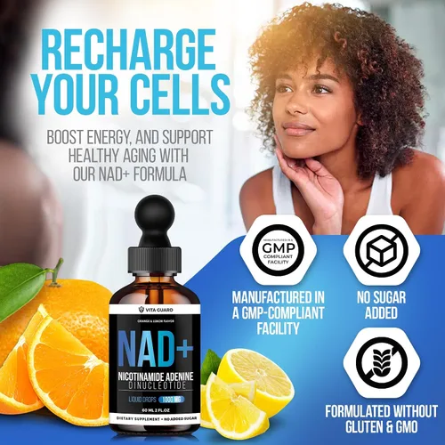 Vista 5 de Vita Guard Pure NAD+ Liquid Drops 1000mg Fórmula de nicotinamida y adenina Vegano, sin OMG Sabor natural de limón y naranja Suplemento