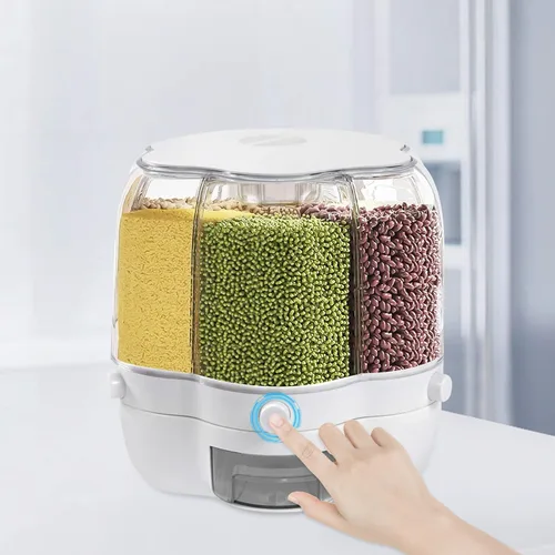 Vista 3 de Dispensador de arroz giratorio de 6 rejillas, contenedor de almacenamiento de granos giratorio de 360°, cubo de almacenamiento de granos de azúcar