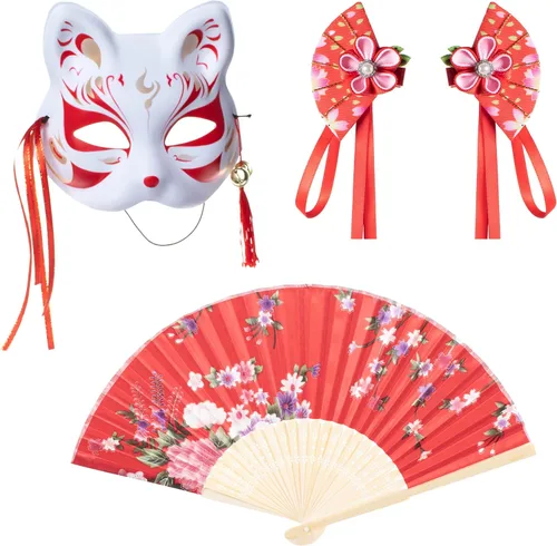 Vista 4 de Elibelle Vestido tradicional japonés kimono bata para niños niñas disfraz de seda plegable abanicos de pelo palo de pelo máscara de zorro conjunto