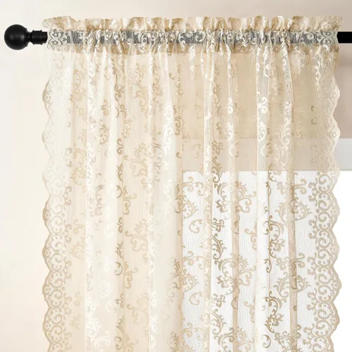Vista 3 de Cortinas de encaje floral victoriano transparentes - 45 pulgadas de largo, 2 paneles, bolsillo para barra de cocina estilo cafetería, filtro de luz