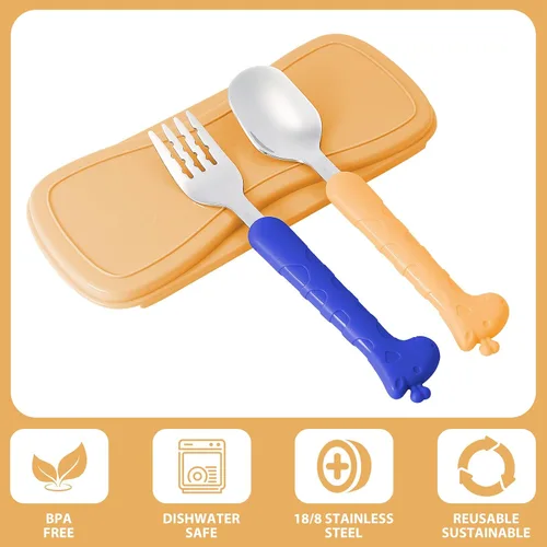 Vista 2 de lohodo Juego de cubiertos de acero inoxidable 18/8 sin BPA, color azul y amarillo, con funda de viaje para niños de 3 años en adelante