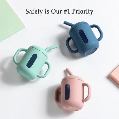 Vista 8 de CLYMENE Taza de entrenamiento de silicona con popote y asas, taza para beber para bebé, taza para beber agua para bebés y niños pequeños de 6 meses