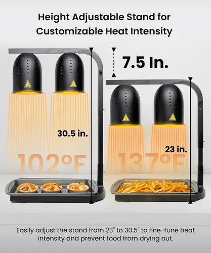 Vista 4 de SYBO DL2112 Lámpara de calor para alimentos de grado comercial, calentador de alimentos eléctrico portátil, 2 bombillas de 500W con soporte Negro