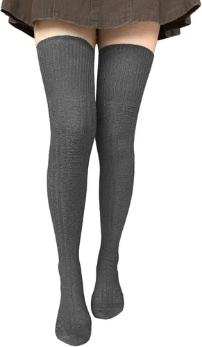 Vista 11 de Bestjybt Calcetines altos hasta el muslo para mujer de algodón con punto trenzado por encima de la rodilla, medias tipo bota, calentadores de Negro
