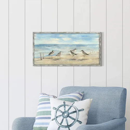 Vista 5 de Pintura enmarcada de playa para decoración de pared: arte abstracto de la pared del océano, pintura al óleo costera, gaviotas, imagen impresa