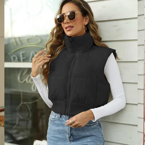 Vista 8 de Ainangua Chaleco acolchado corto para mujer, cuello alto, ligero, sin mangas, acolchado, con cremallera, ropa de abrigo