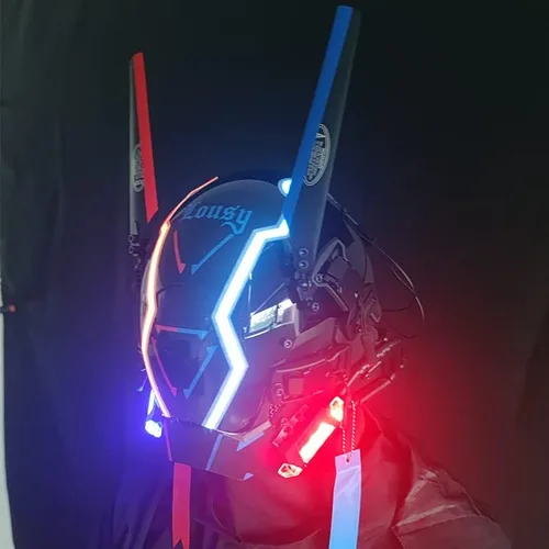 Vista 4 de KYEDAY Máscara punk para hombres, máscara de contraste de color rojo y azul, ropa técnica punk futurista, accesorios de fiesta de música, festivales