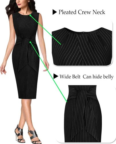 Vista 4 de VFSHOW Vestido de tubo plisado con cuello redondo para mujer, sin mangas, lazo en la cintura, cinturón, ajustado, para el trabajo, la oficina