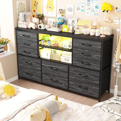 Vista 9 de EnHomee - Cómoda negra con luces LED y estación de carga, soporte de TV para televisor de 60 pulgadas, cómodas anchas y cómodas con estantes