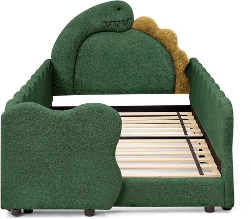 Vista 4 de Cama infantil con forma de dinosaurio de tamaño individual con barandilla de seguridad, marco de cama de piso de madera maciza para niños