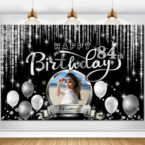 Vista 15 de Cartel de decoración de feliz cumpleaños número 100 personalizado - Personalización disponible - Negro y plateado - Tamaño grande - Admite fotos