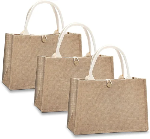 Vista 10 de Bolsas de viaje de yute, juego de 10 bolsas de arpillera, medianas de 14.5 x 6.7 x 10.2 pulgadas, bolsa reutilizable para fiestas, bodas, playa