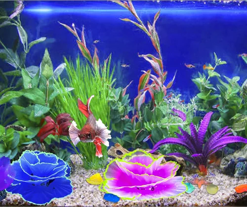 Vista 8 de Decoraciones brillantes para pecera, decoración de acuario brillante, adornos de coral, 2 plantas de flores de silicona y 10 piezas de conchas