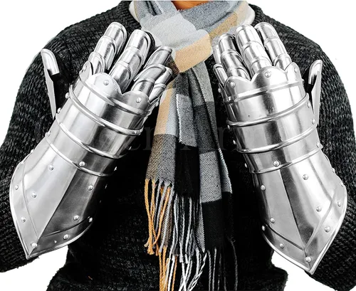 Vista 4 de Guantes medievales alemanes del siglo XV, guantes de guantelete de armadura caballero de acero plateado, guantes medievales, guantes de cuero