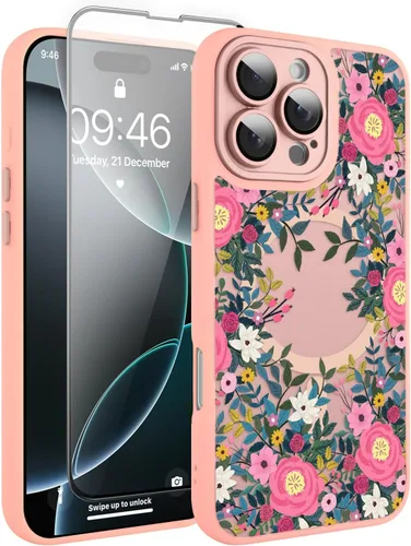 Vista 113 de Magnético para iPhone 13 con protector de pantalla [Compatible con MagSafe] Diseño de patrón floral de flores bonitas, funda delgada a prueba