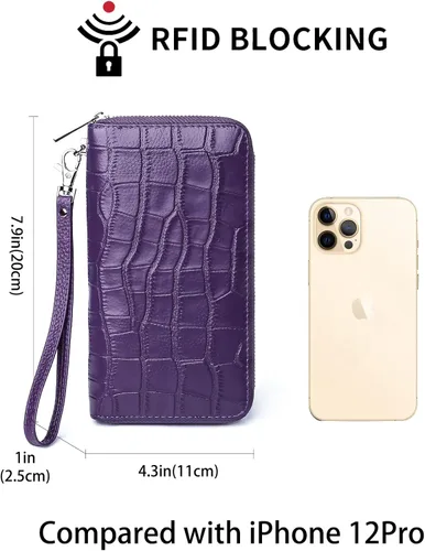 Vista 3 de Billeteras de gran capacidad para mujer, con bloqueo RFID, de piel auténtica, con cremallera, tarjetero con correa para la muñeca