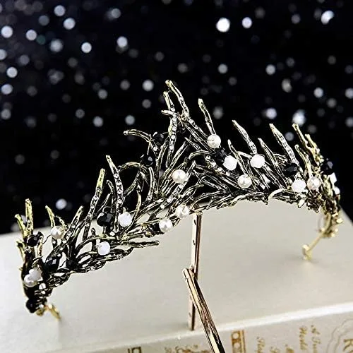 Vista 5 de hair jewelry crown tiaras for women Baroque Retro Black Bridal Crystal Tiaras Crowns Princess Pageant Prom Rhinestone Veil Tiara Wedding Hair