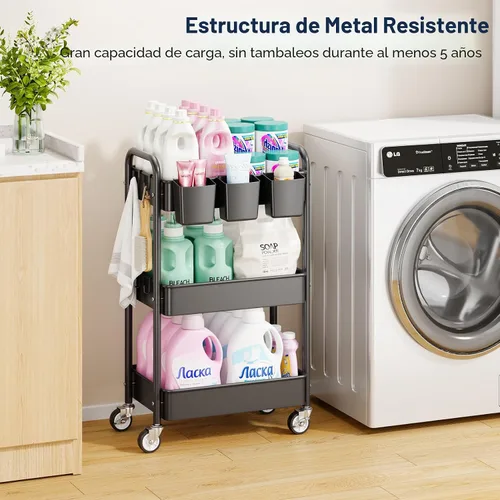 Vista 3 de YASONIC Carrito Rodante de 3 Niveles - Carrito Utilitario de Metal con Ruedas, Tazas Colgantes, Ganchos, Organizador de Almacenamiento de Malla