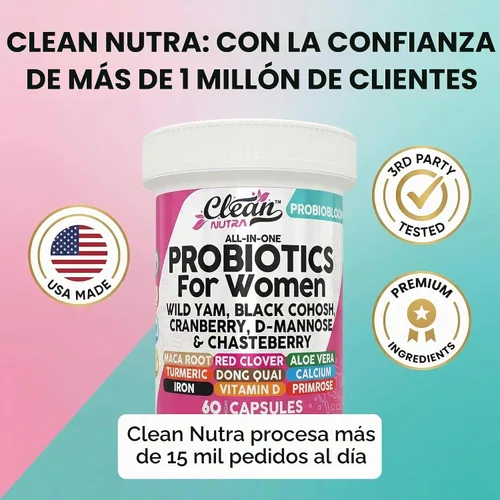 Vista 15 de Clean Nutraceuticals Probióticos para mujeres con D manosa, extracto de arándano, ñame silvestre, chasteberry – 20 cepas probióticas y prebióticas