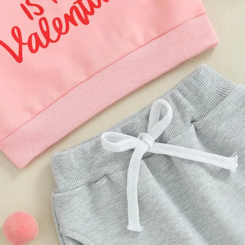 Vista 7 de SOLILOQUY Conjunto de sudadera con cuello redondo y estampado de letras para el día de San Valentín para bebé niño y niña