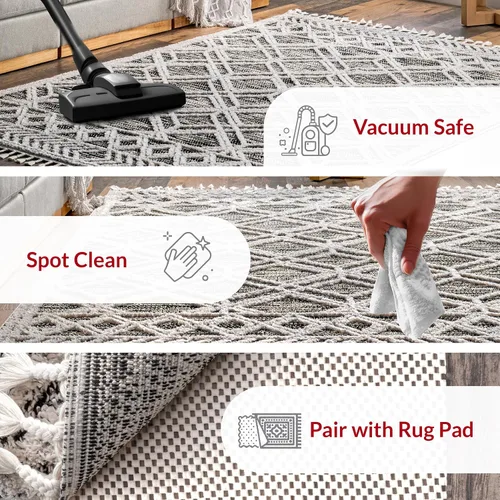 Vista 9 de nuLOOM Alfombra de Área Ansley Marroquí con Borlas de 2 x 6 pies, Gris, diseño bohemio con textura alta-baja, pelo alto de felpa, resistente a