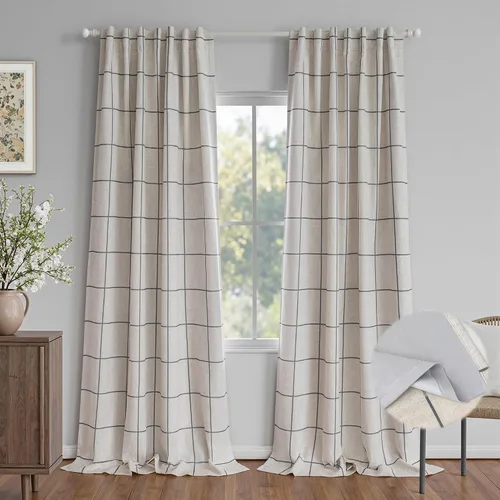 Vista 25 de MYSKY HOME Cortinas de Lino a Cuadros 100% Opacas de 45 Pulgadas de Largo de Doble Capa Estilo Granja con Aislamiento Térmico Estampado a Cuadros