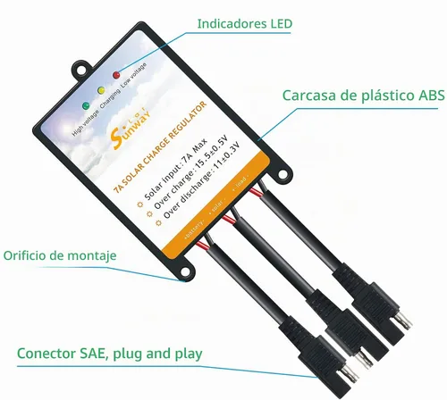 Vista 2 de Sunway kit de controlador de carga con paneles solares, regulador de batería, 7A para 12 voltios de cargador de batería solar, mantenedor de batería
