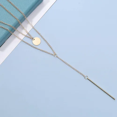 Vista 4 de Collar de barra de disco en capas de Bohemia, collar de Lariat de disco dorado, collar con colgante de barra vertical, collar de barra larga en Y
