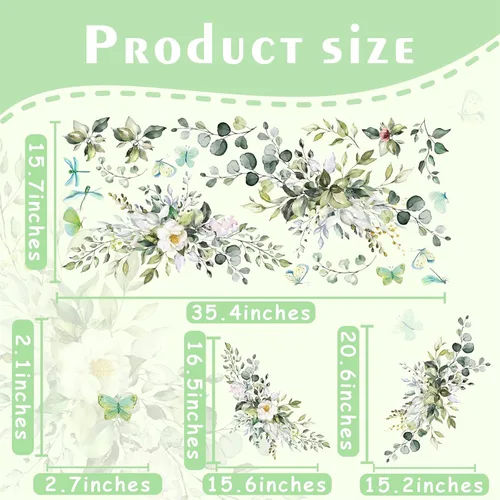 Vista 6 de Vinilo botánico de hojas verdes, calcomanías de vinilo para despegar y pegar, enredaderas rústicas colgantes, mural, mariposas, flores, calcomanías