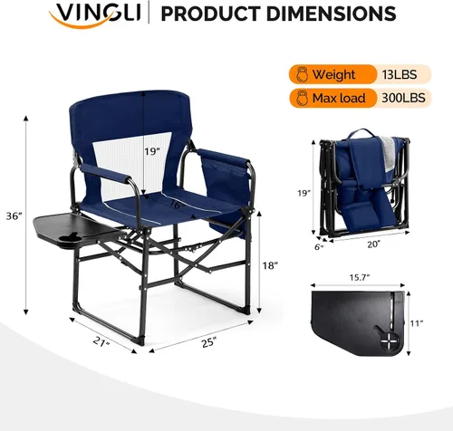 Vista 6 de VINGLI Sillas de campamento, silla de directores, silla de camping con mesa auxiliar y bolsa de transporte, sillas de campamento resistentes