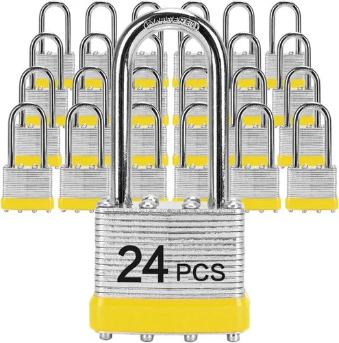 Vista 9 de Candados con la misma llave, LQYN 24 candados laminados con llave (1-9/16 pulgadas, 1.575 in), cerraduras con llave igual, grillete largo