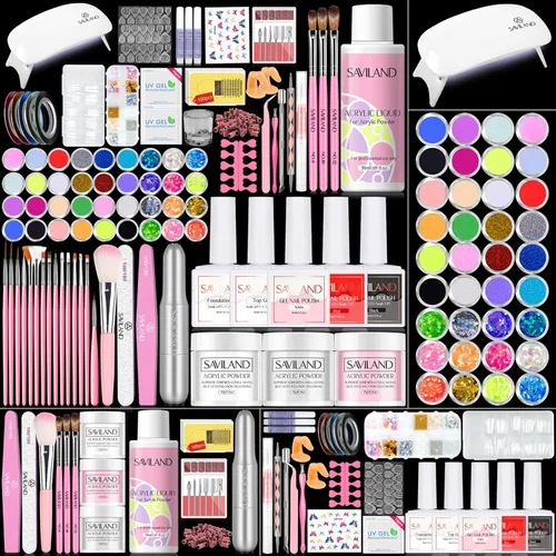 Vista 16 de Saviland Kit de iniciación de uñas acrílicas: polvo y líquido acrílico rosa claro nude, cepillo, limas, formularios, uñas a presión, juego