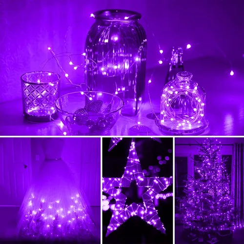 Vista 4 de Paquete de 12 luces de Halloween moradas que funcionan con pilas, luces de cadena de 7 pies, 20 luces LED de hadas, luces mini impermeables, cable