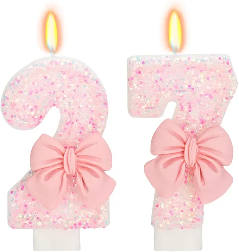 Vista 57 de Vela de cumpleaños para pastel, vela 0 - purpurina rosa con lazo, vela de feliz cumpleaños de 2.76 pulgadas, adorno superior de pastel para fiestas