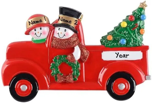 Vista 4 de Adorno de Navidad Personalizado de Familia de Pareja de Muñecos de Nieve en Camioneta Pickup Roja 2025 - Camioneta Pickup Roja Vintage con Árbol