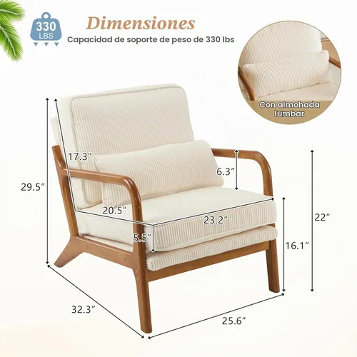 Vista 2 de VINGLI Silla de Acento de Pana Premium Mejorada, Silla con Reposabrazos Tapizada, Cómoda Silla de Lectura de Madera Maciza con Almohada Lumbar