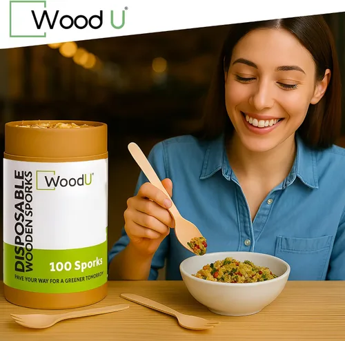 Vista 8 de WoodU - Cubertería de madera desechable 100% natural, ecológica, biodegradable y compostable, paquete de 100 cubiertos de madera de 6.5 pulgadas