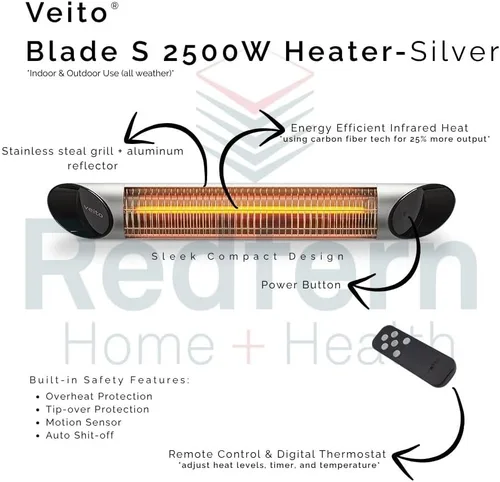Vista 3 de Veito Blade S - Calentador infrarrojo de carbono con mando a distancia, 2500 W, color plateado IP55 weatherproof 2500W carbon infrared heater with