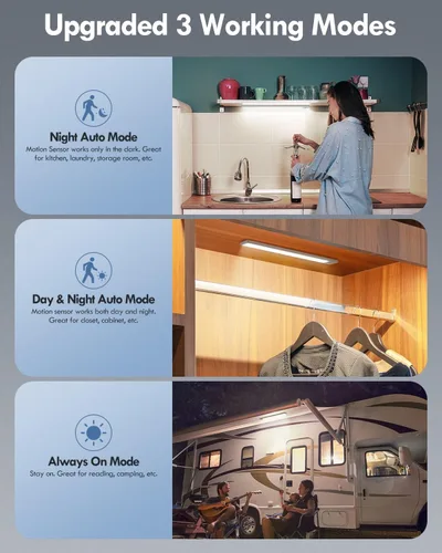 Vista 5 de Alivation Luces inalámbricas para debajo del gabinete, 52 luces LED de armario con sensor de movimiento, USB-C recargable, funciona con batería