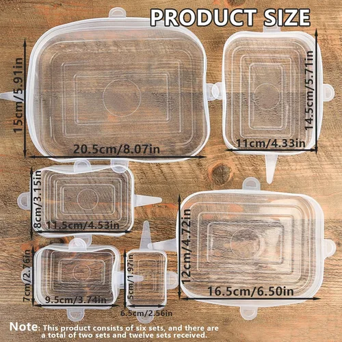 Vista 2 de 12 tapas elásticas rectangulares de silicona para almacenamiento de alimentos, 6 tamaños Reusable Adjustable Leftover Stretch Dish Lids, Airtight