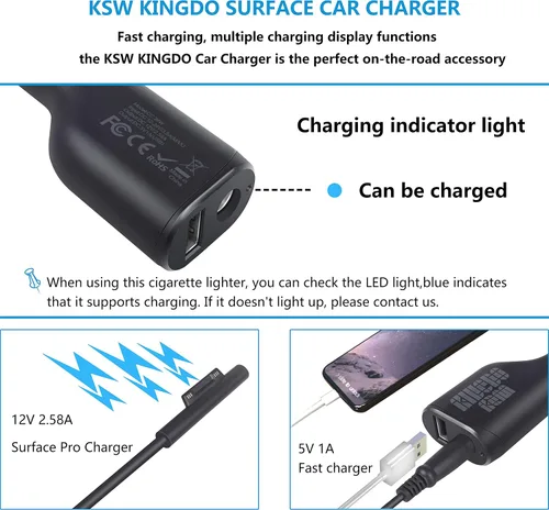 Vista 3 de Surface Pro - Cargador de coche para computadora portátil, 36 W, 12 V, 2.58 A, fuente de alimentación para Microsoft Surface Pro 3/4/5/6/Book/Go