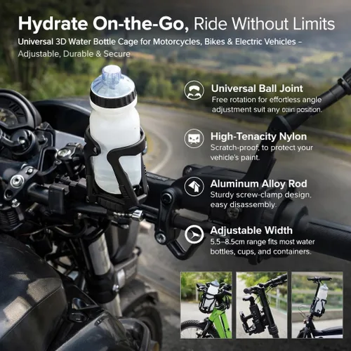 Vista 2 de Portavasos para motocicleta, portavasos de alta tenacidad, ajuste universal de nailon, jaulas para botellas de agua 3D para vehículos eléctricos