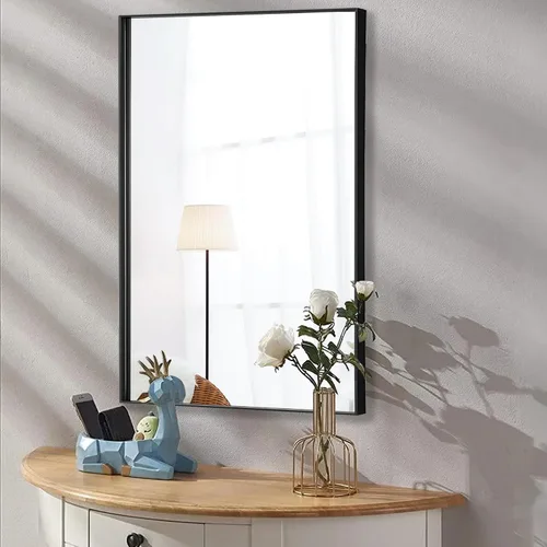 Vista 45 de 24x24 Inch Black Bathroom Mirror for Wall, Aluminum Frame Rectangle Rectangular Vanity Mirror, Modern Large for Bedroom, Living Room, Horizontal or