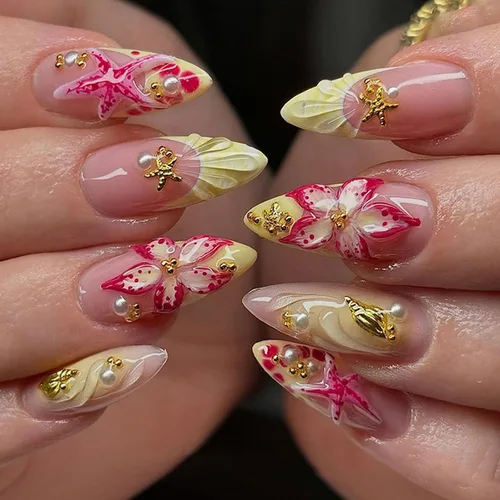 Vista 30 de Uñas postizas a presión con punta francesa, uñas postizas medianas con flores 3D, concha de perla, diseño de estrellas de mar, uñas blancas a